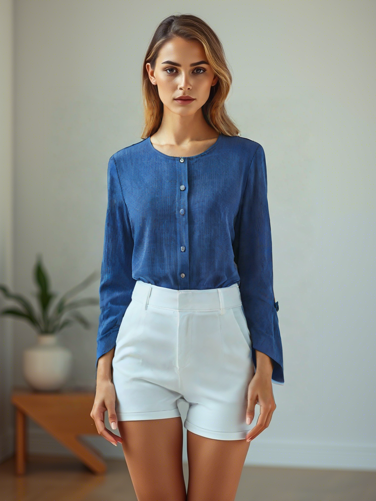 Peacock Blue Striped Round-Neck Xiangyun Silk Blouse - Yunsoar